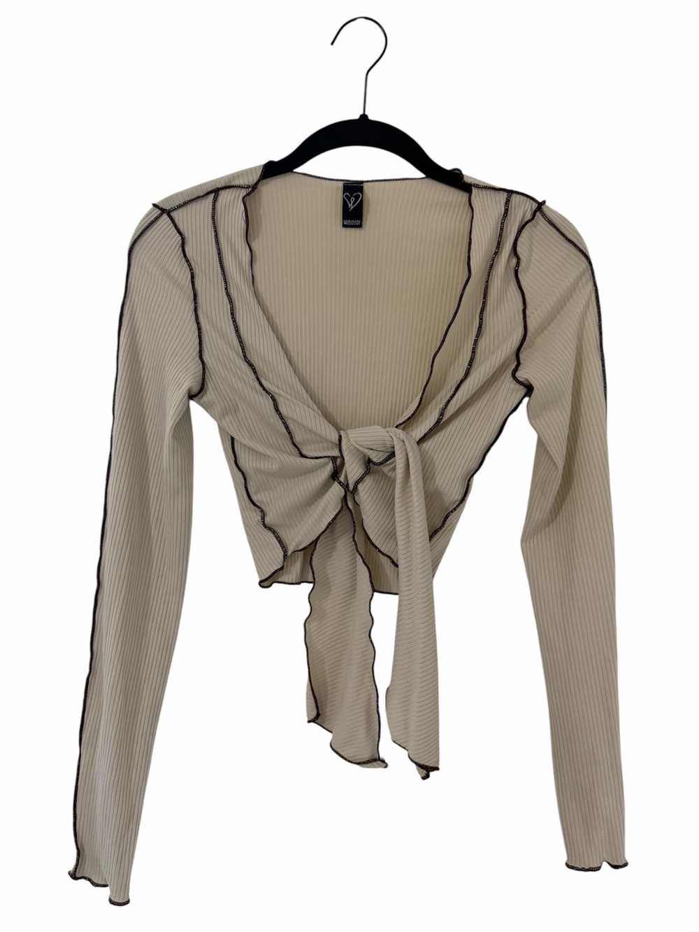 Windsor Tie-Front Ribbed Long Sleeve Top with Contrast Trim